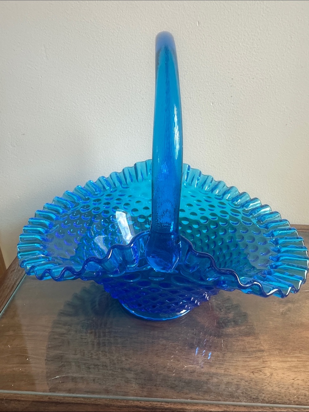 Fenton Cobalt Blue Hobnail Glass Basket with Ruffled Edge